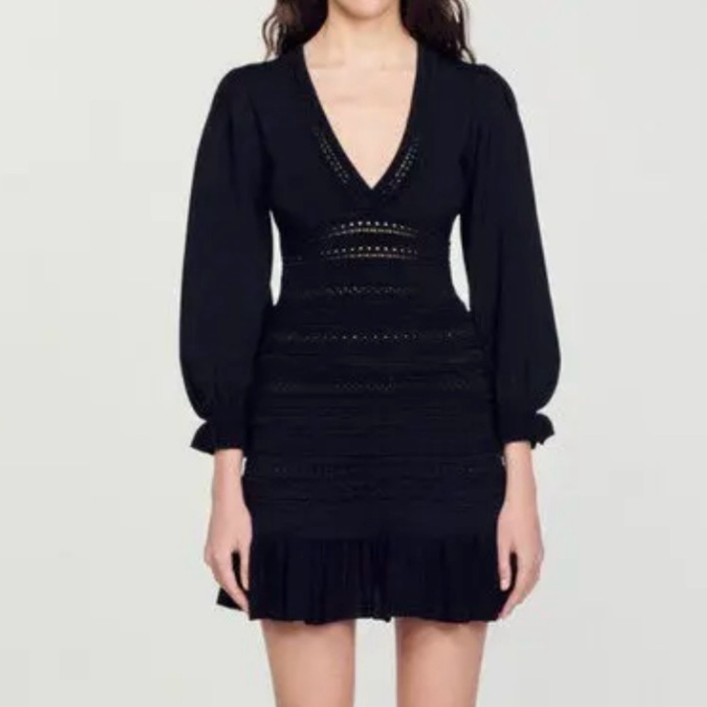 New Sandro Knit Short Dress Ruffles Black